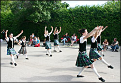 Irish dancers in a parade.