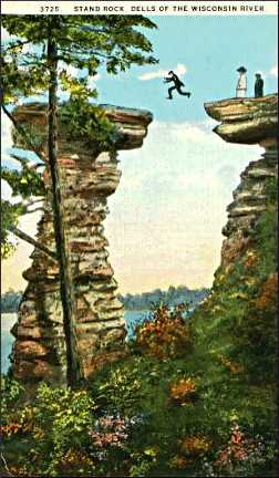 An old postcard of Stand Rock in the Dells.
