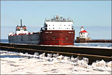 Freighter enters the Superior harbor.