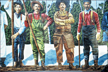 A mural of 22 lumberjacks in Ashland.