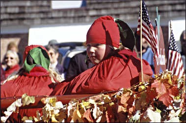 A boy dressed as an apple.