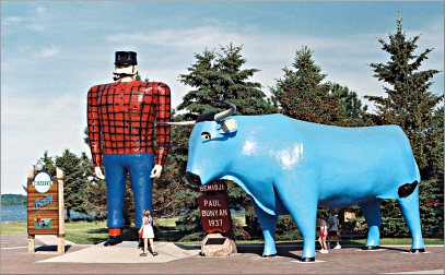 Paul Bunyan and Babe stand beside Lake Bemidji.