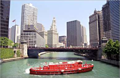 A fireboat on the Chicago River.