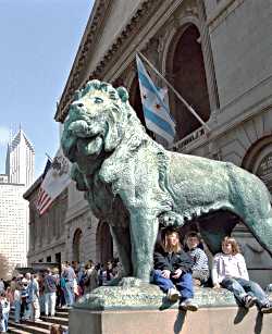 Kids outside the Art Institute of Chicago.