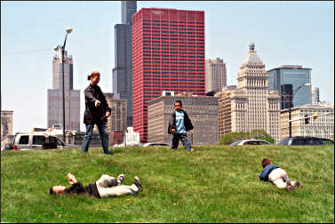 Kids roll down grass in Chicago.