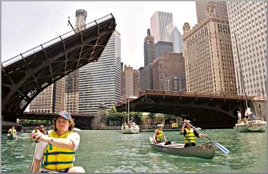 Canoeists paddle on the Chicago River.