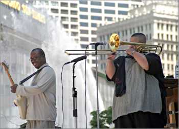 Musicians play a festival in Chicago.