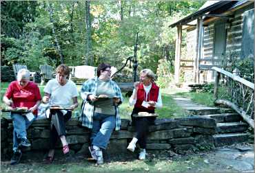 Students eat lunch at the Clearing.