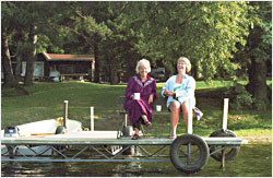 Morning coffee on the dock at a lake resort.