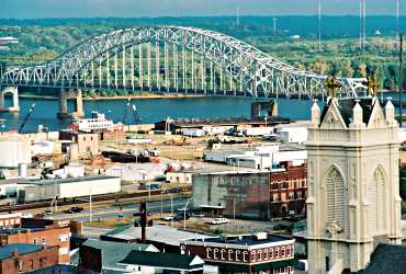 Steeples and bridges dominate the view of Dubuque.