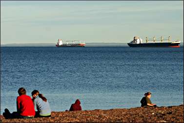 Boats anchored off Canal Park.