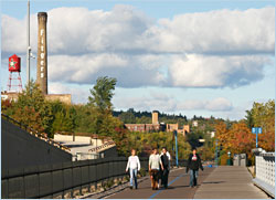 Walking by Fitger's on Duluth's Lakewalk.