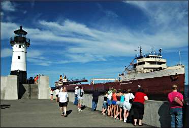 An ore boat arrives in Duluth.