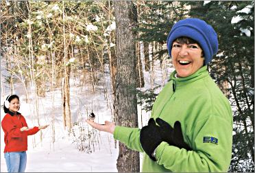 Feeding the chickadees on the Anvil Lake Trail.