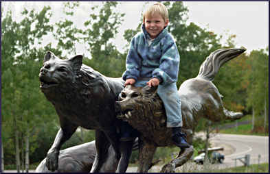 A child on a wolf sculpture in Ely.