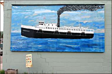 A mural of steamship America.