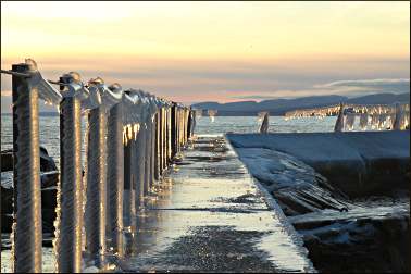 Ice-covered breakwall.