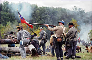 Union soldiers reenact a battle in Greenbush.