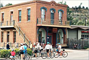 Bicyclists gather in downtown Lanesboro.