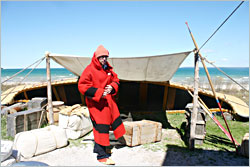 A voyageur outside Colonial Michilimackinac.