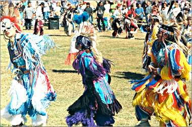 Dancers compete at the powwow in Mankato.
