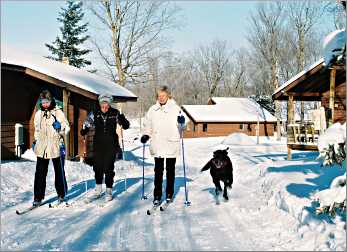 Chicago guests ski at Maplelag with Lucky the dog.