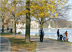 Walking around Lake Harriet in fall.