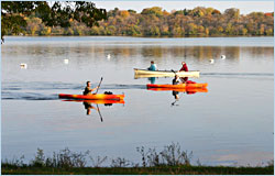 Paddling on Lake Harriet in fall.